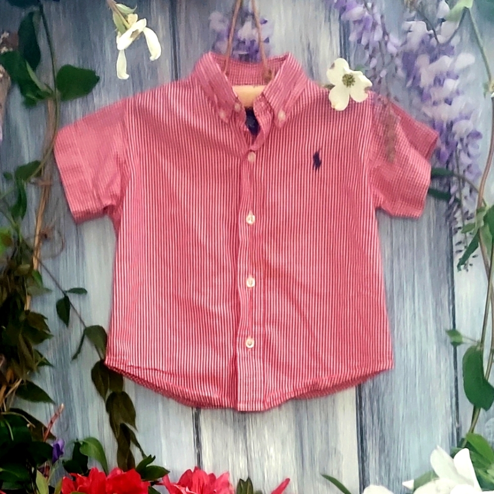12-18 months, boys Ralph Lauren red checked button down short sleeved shirt.